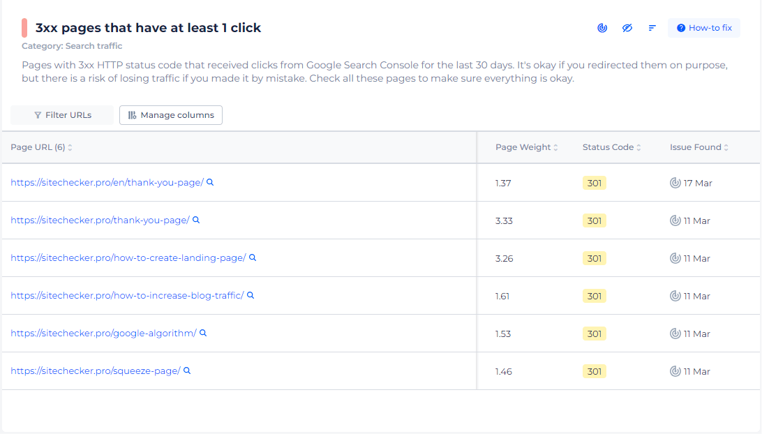 3xx Pages with Traffic List of Pages