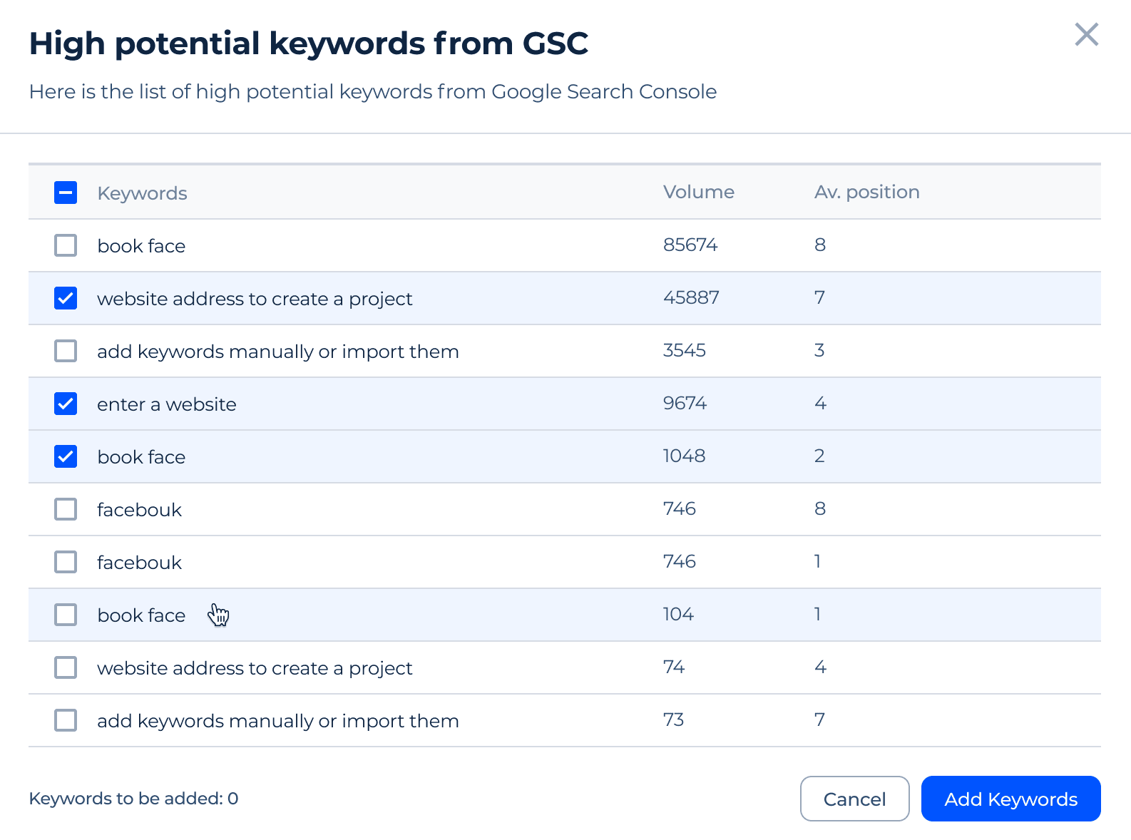 Mots clés à haut potentiel provenant de GSC