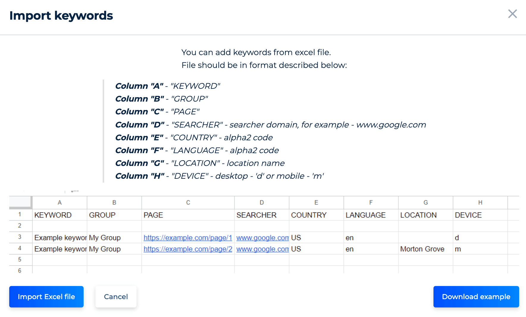 Importer des mots-clés à partir d'un fichier Excel