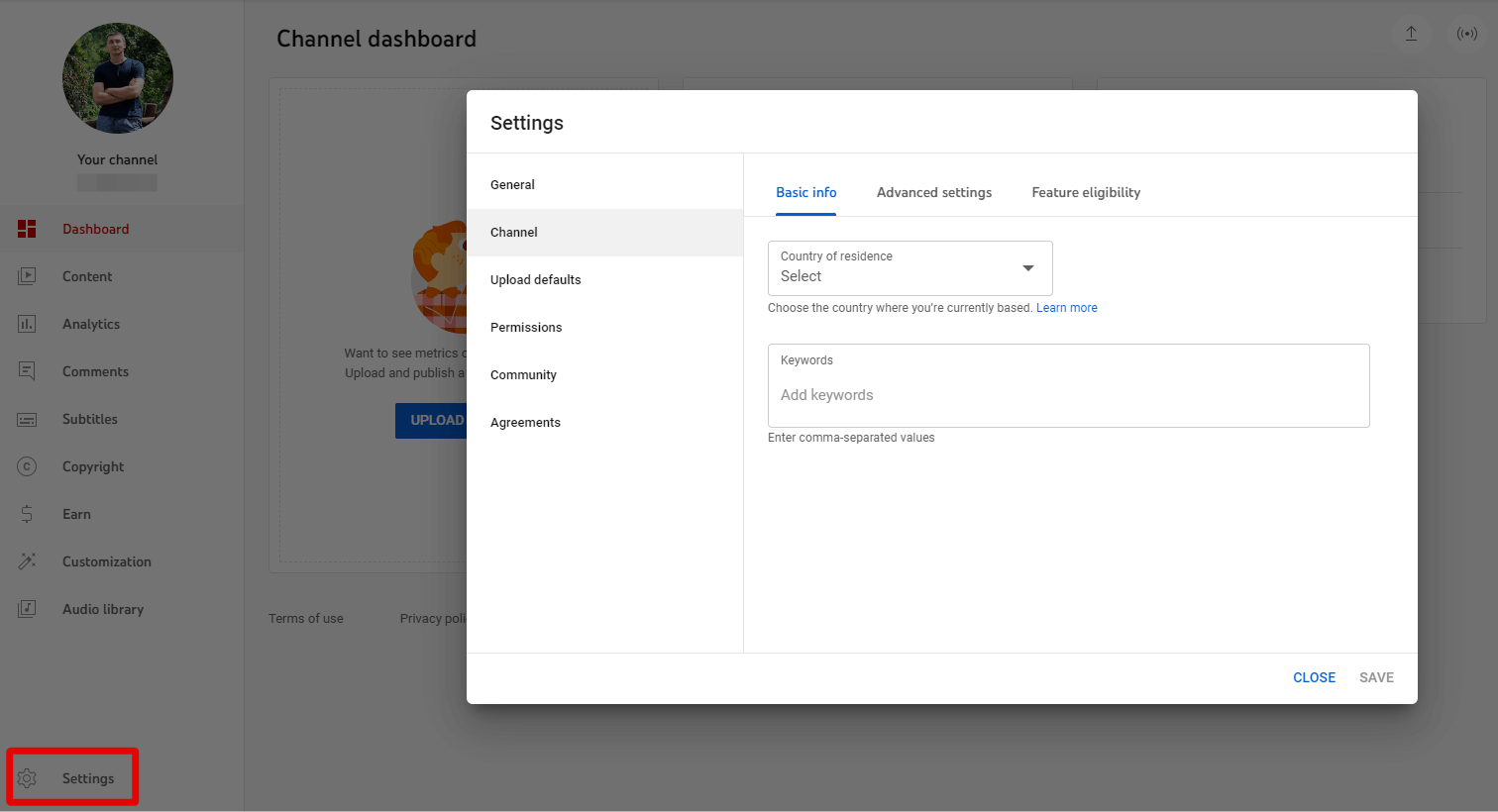 basic info in settings