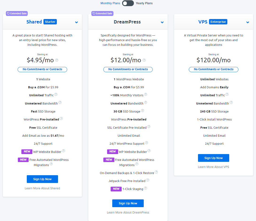 Planes de alojamiento de Dreamhost