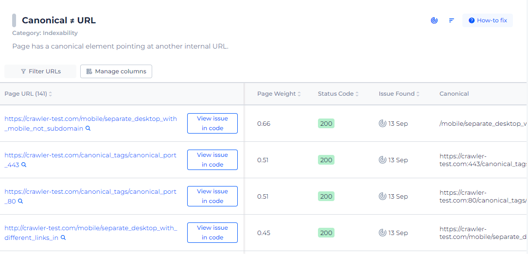 Canonical not Equal URL Page List