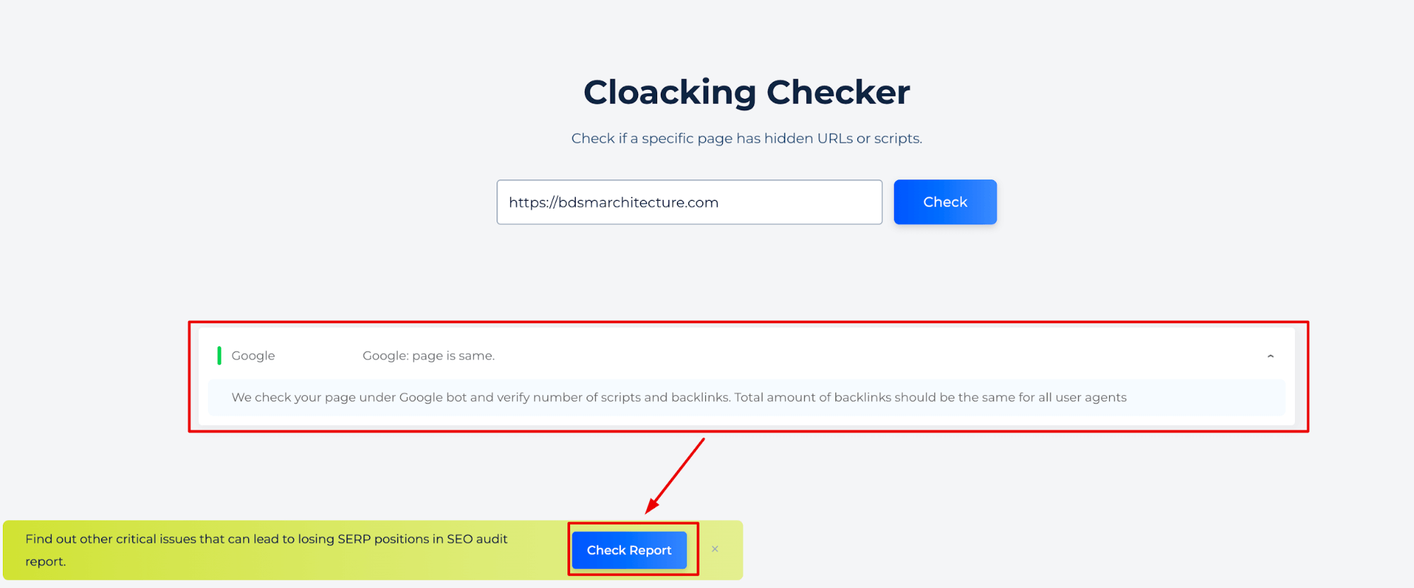 Ergebnisse des Website-Cloaking-Checkers