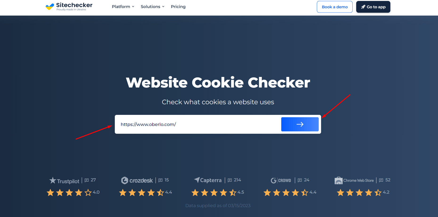 A ferramenta de verificação de cookies do site com um URL de exemplo