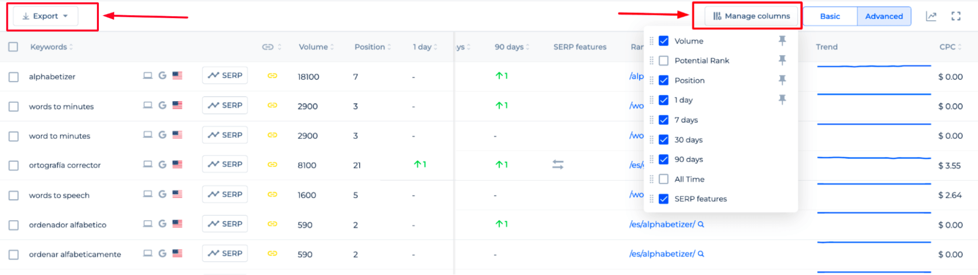 Export Manage Columns