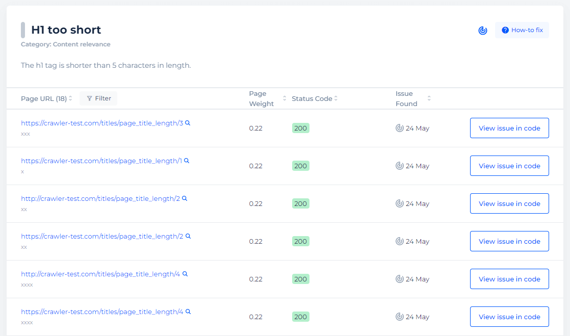 H1 Too Short Issue Code