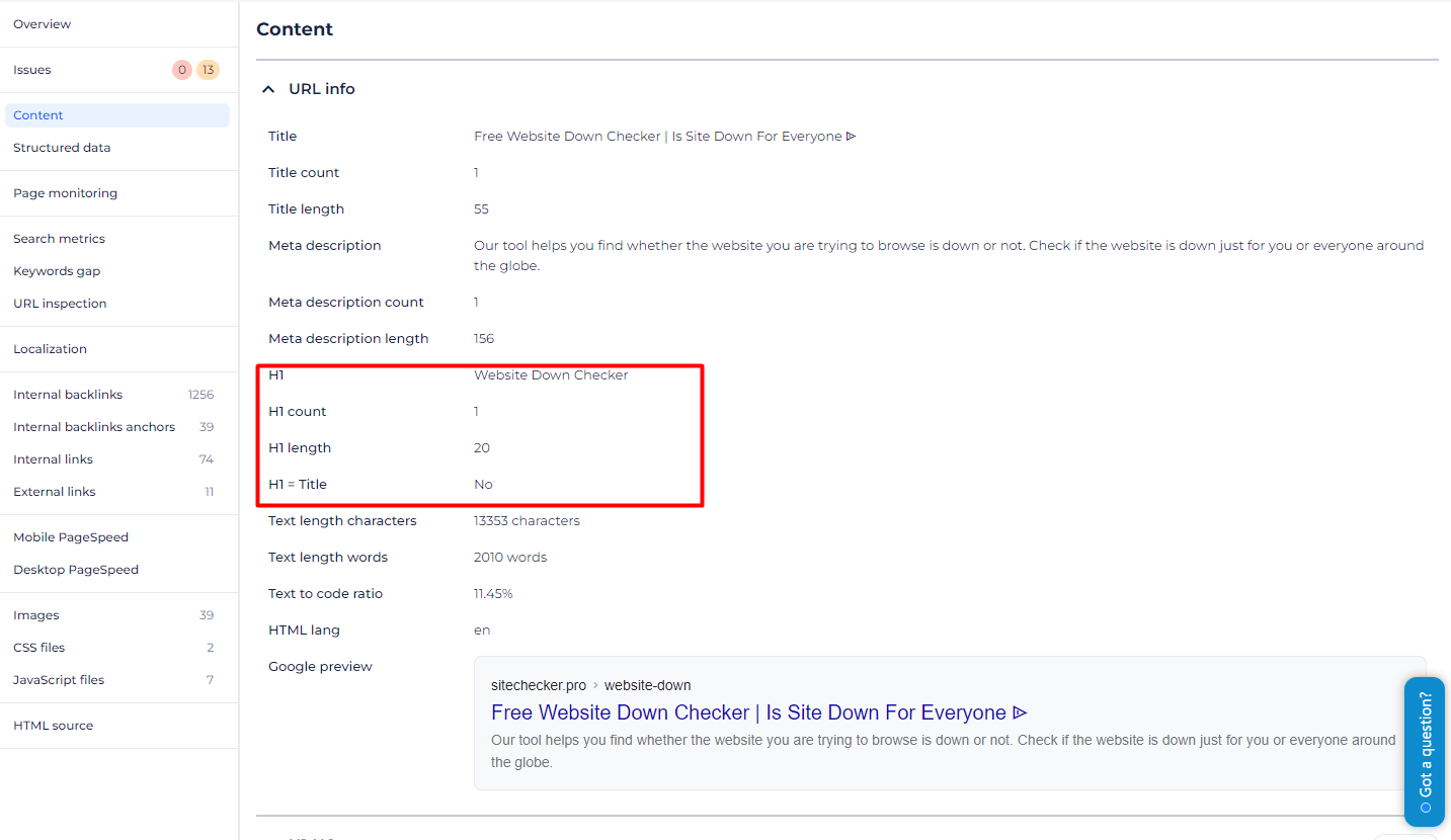 h1 tag checker results for page