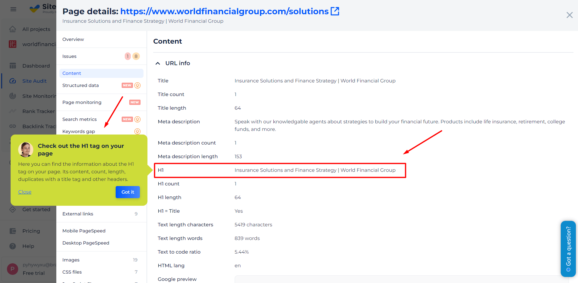 H1 checker page check results