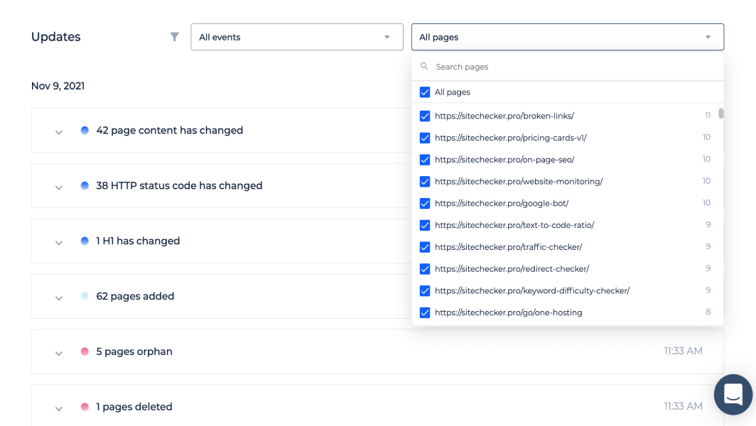 Research the history of specific pages with easy-to-use filters for analyzing in a few clicks.