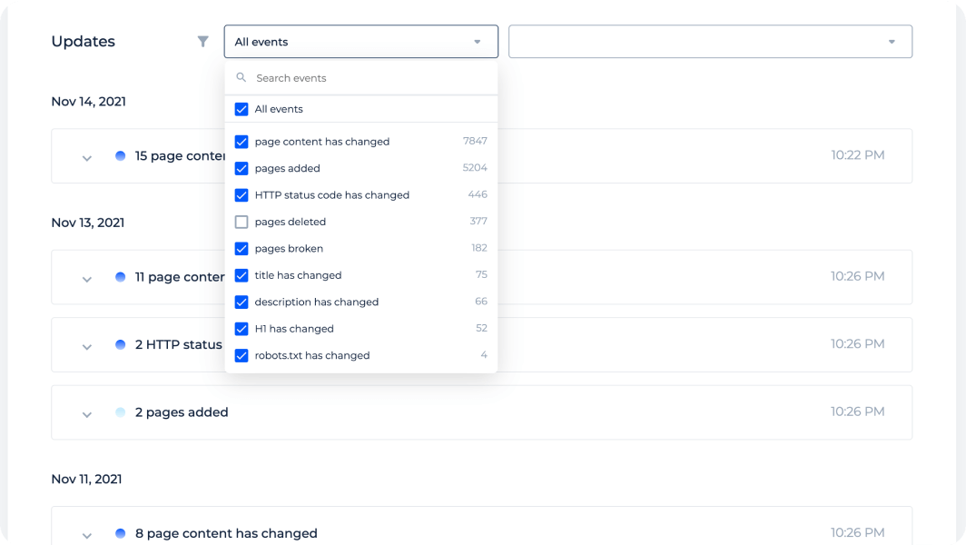 Research the history of specific pages with easy-to-use filters for analyzing in a few clicks.