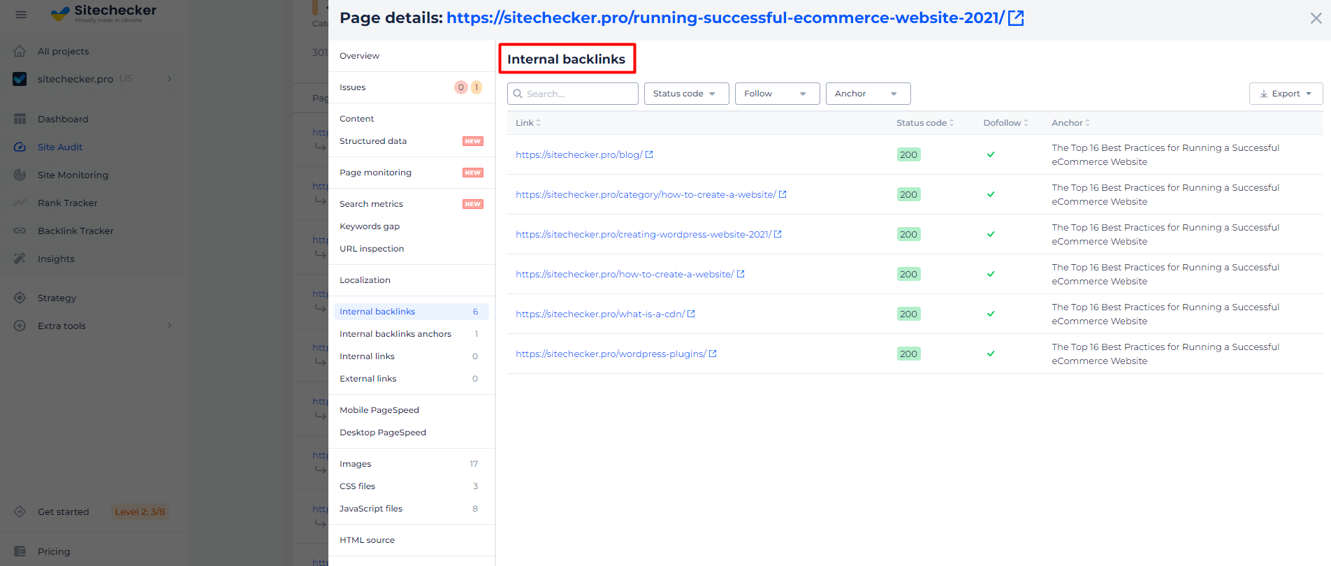 Internal Backlinks List