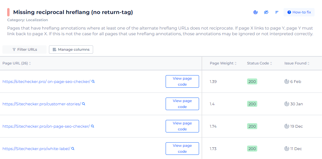 Missing Reciprocal Hreflang Page List