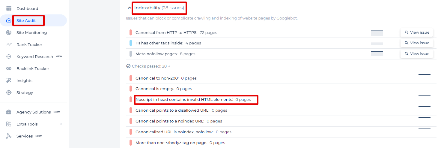 Noscript Contains Invalid HTML Elements Issue