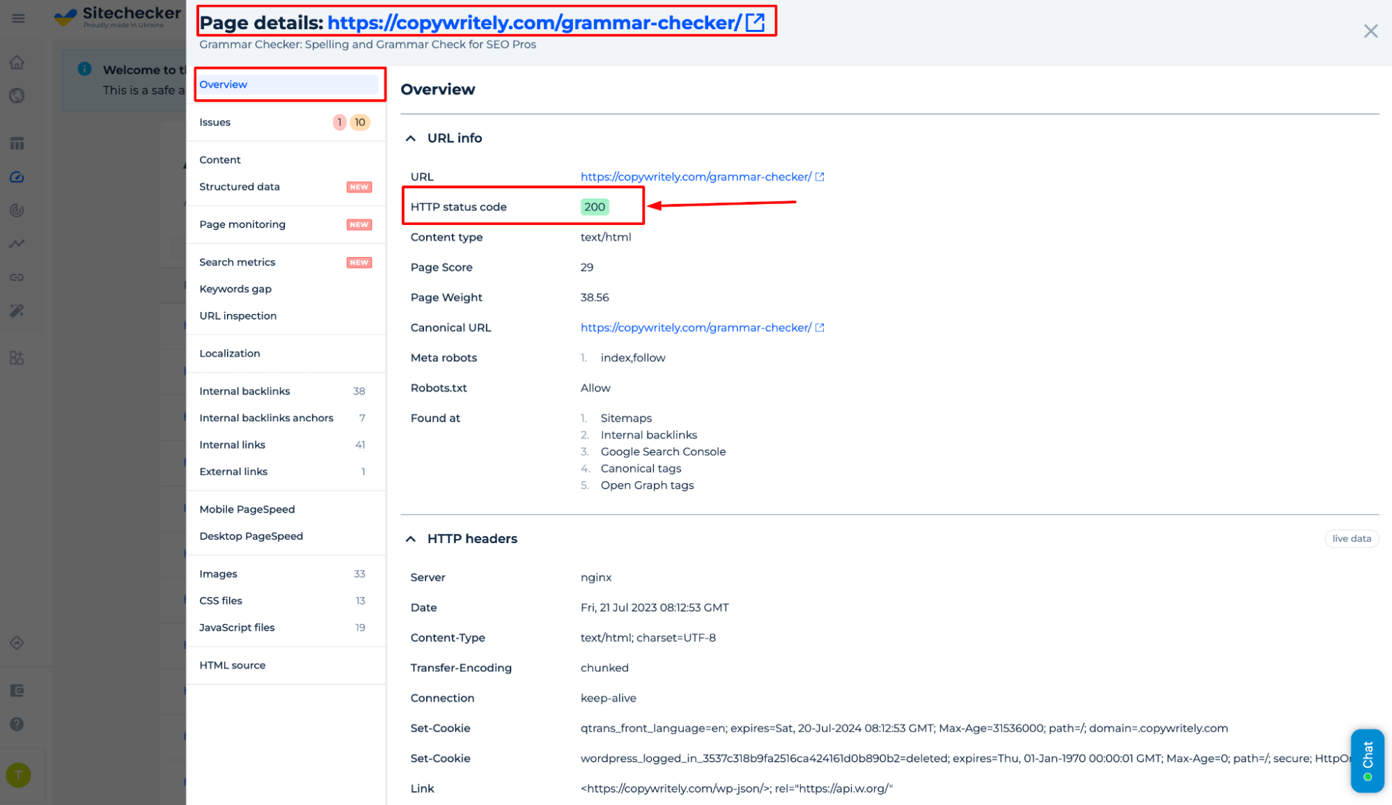 Page Details HTTP Status Code