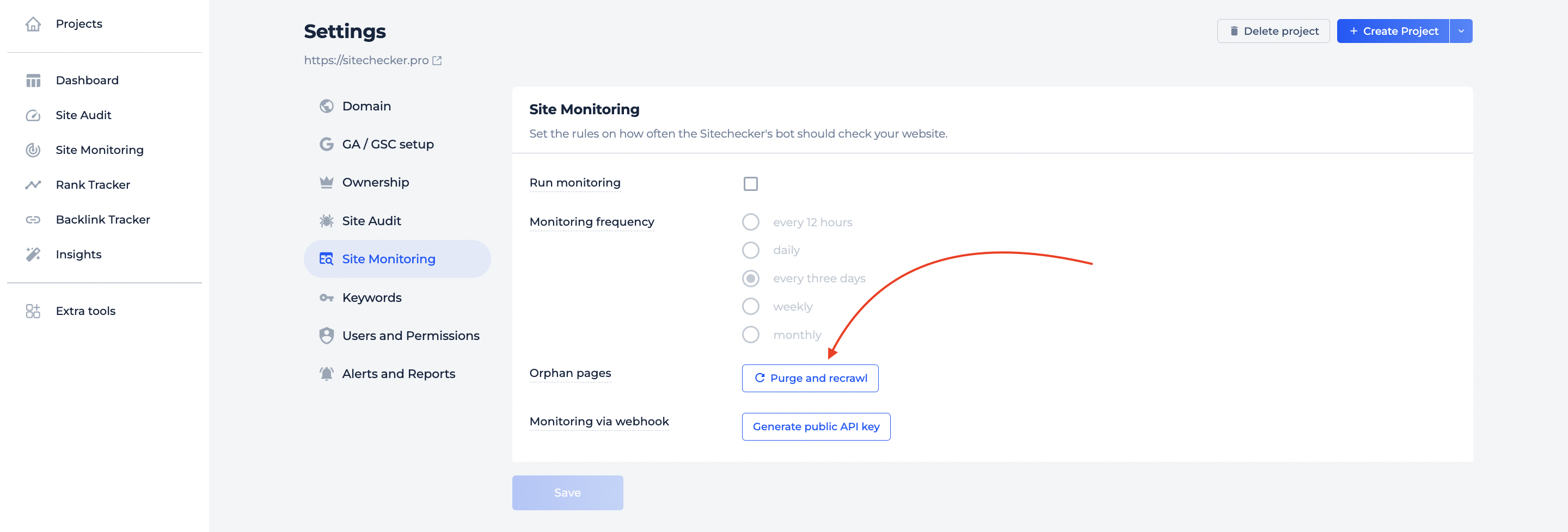 purge and recrawl site monitoring