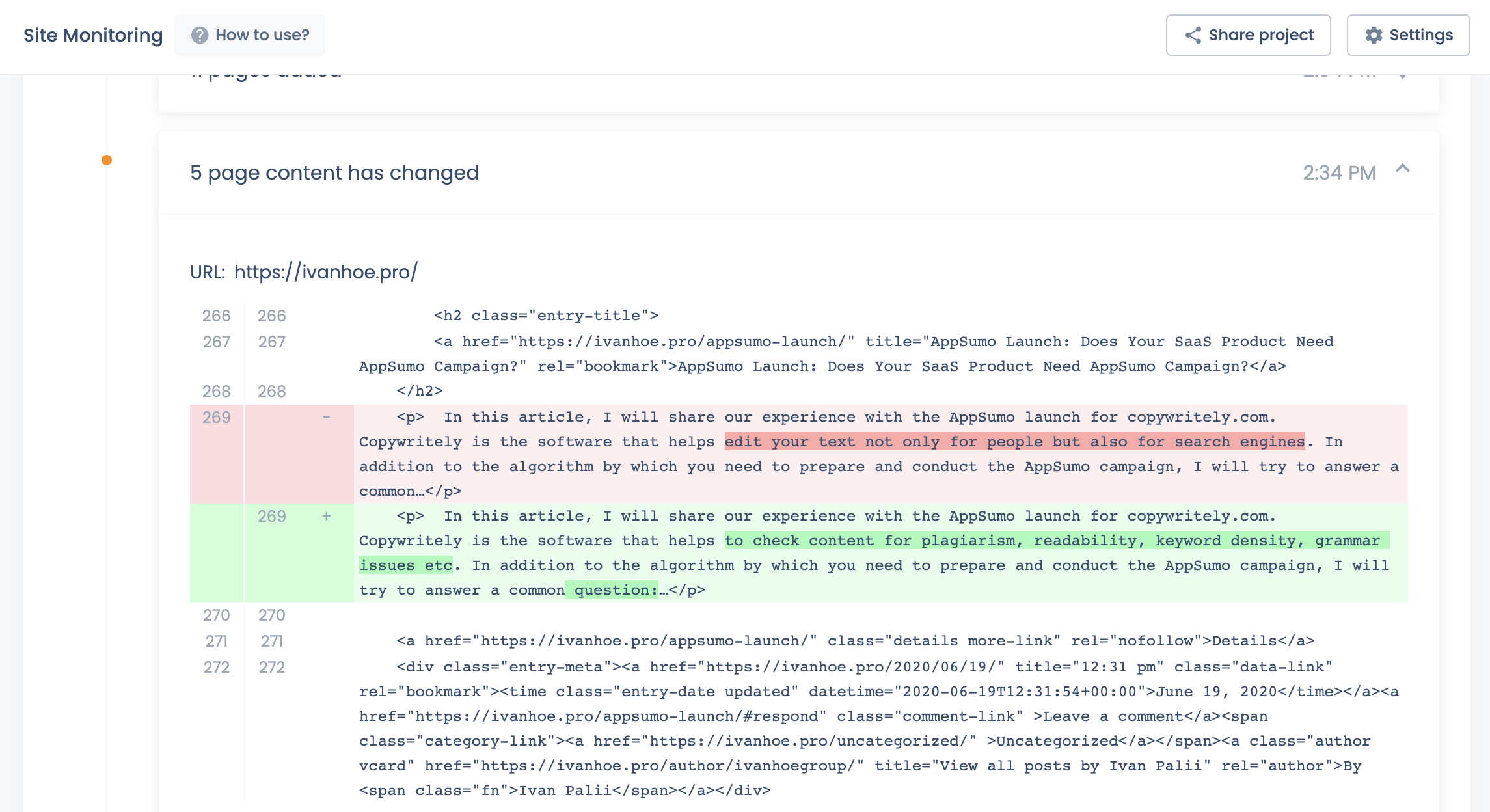 site monitoring rows update