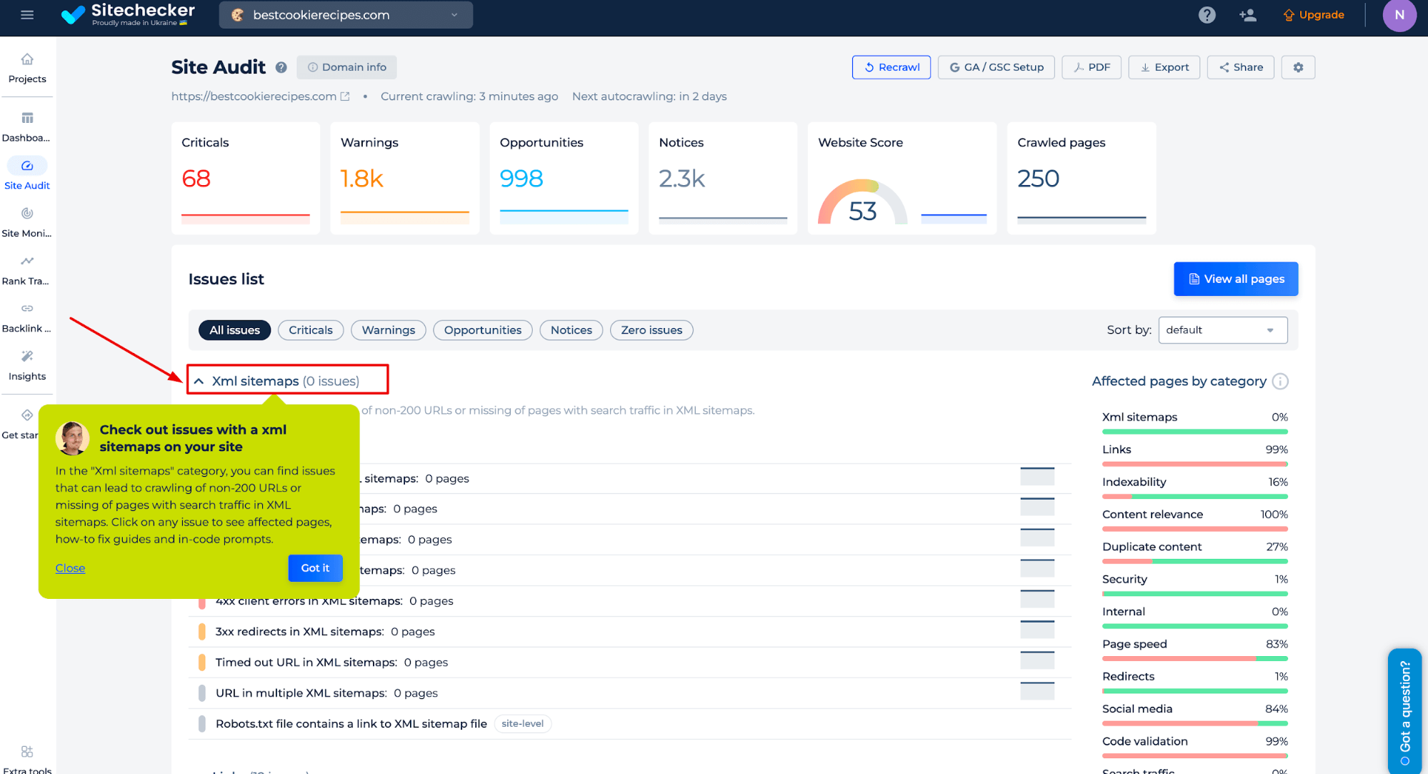 Результаты проверки Sitemap Checker