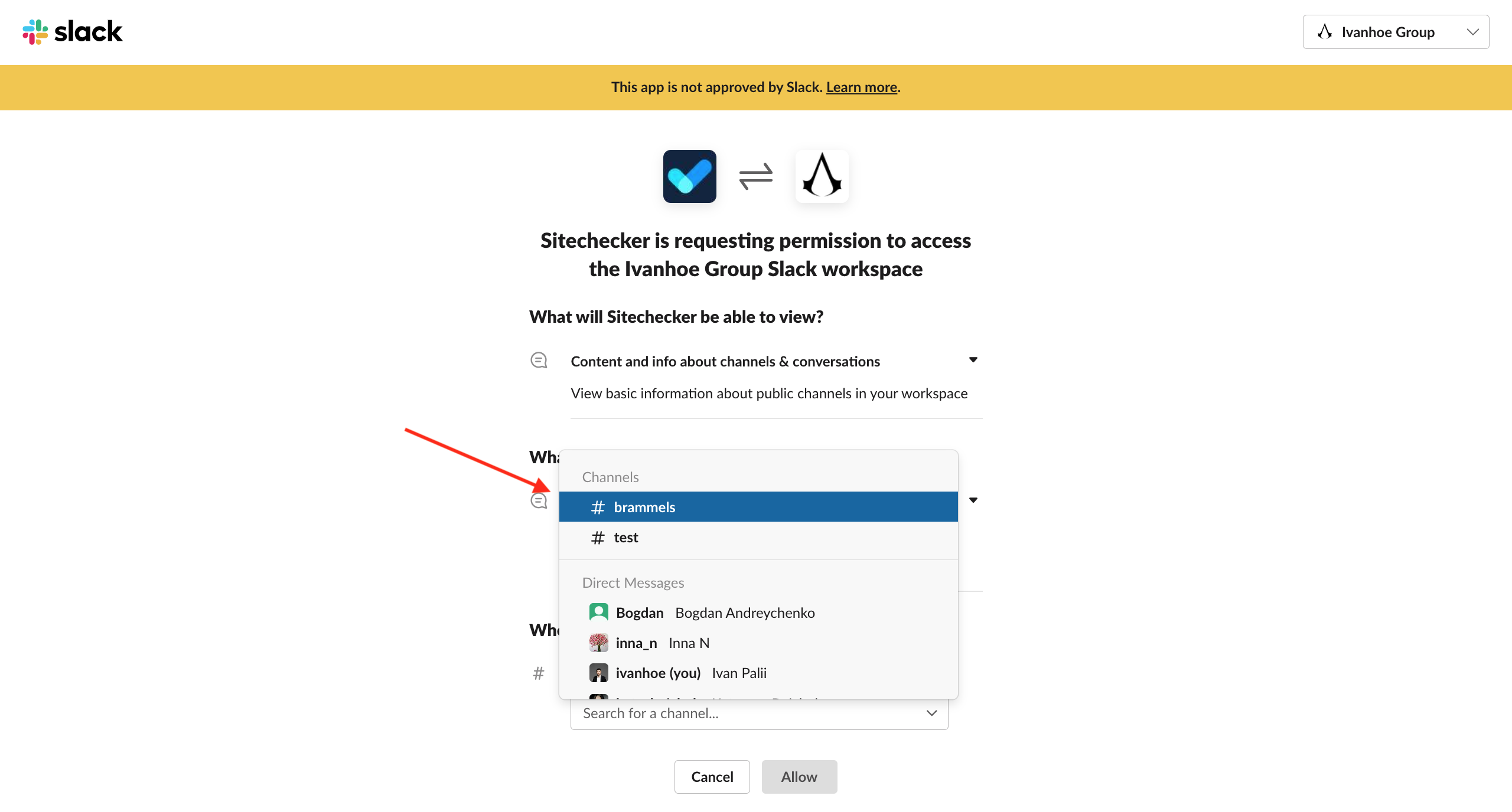 Integration for Slack 2nd step