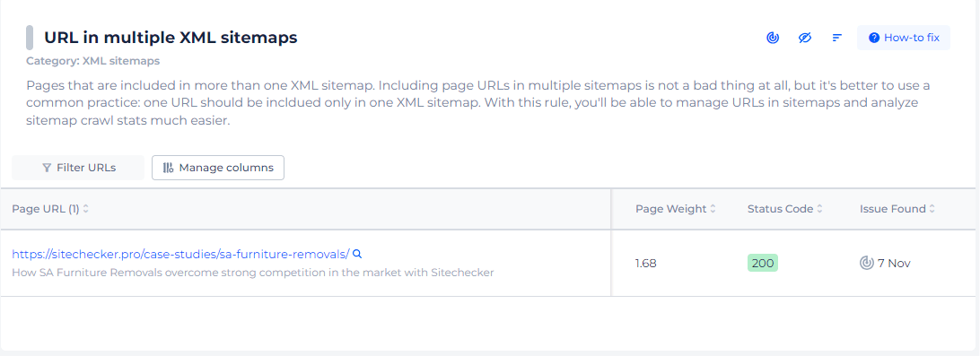 URL in Multiple Sitemaps Issue Pages List