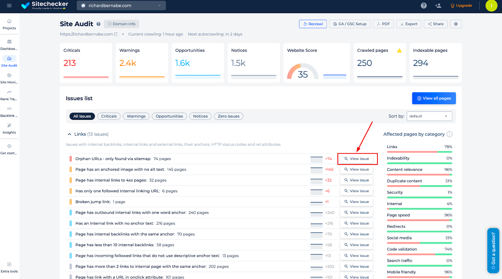 Visualizza l'opzione dei problemi